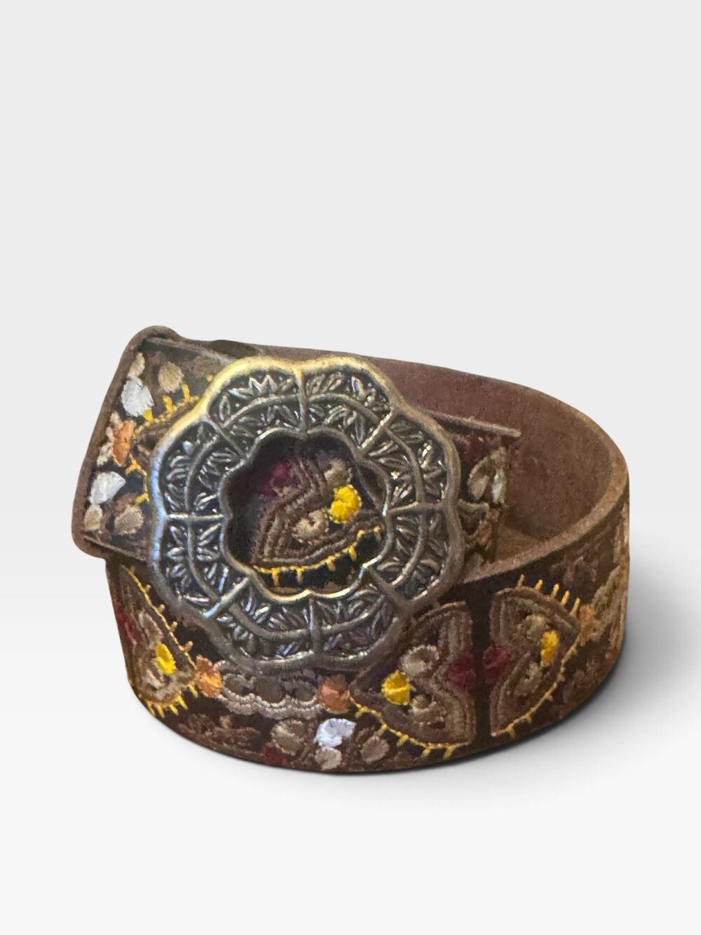 Lucky Brand Leather Belt Women's Sz Sm 2"wMetal Floral Buckle Embroider Boho